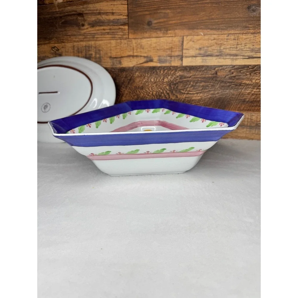 Herend Village Pottery Peach Tree Platter & Triangle Bowl Set Blue Pink‎